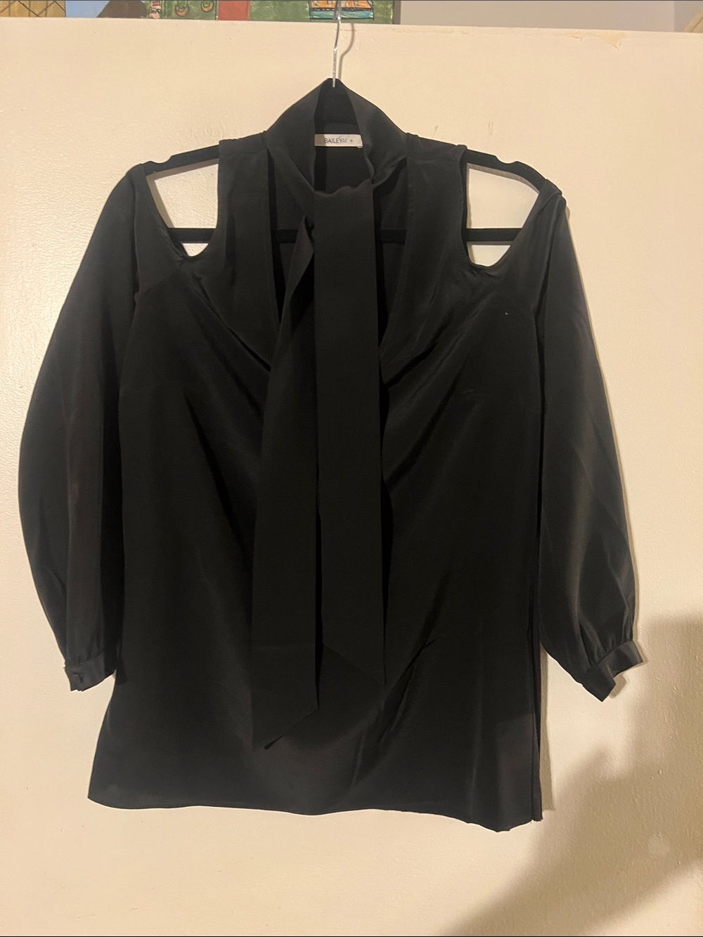 Bailey44 black peep shoulder blouse   Self neck tie.